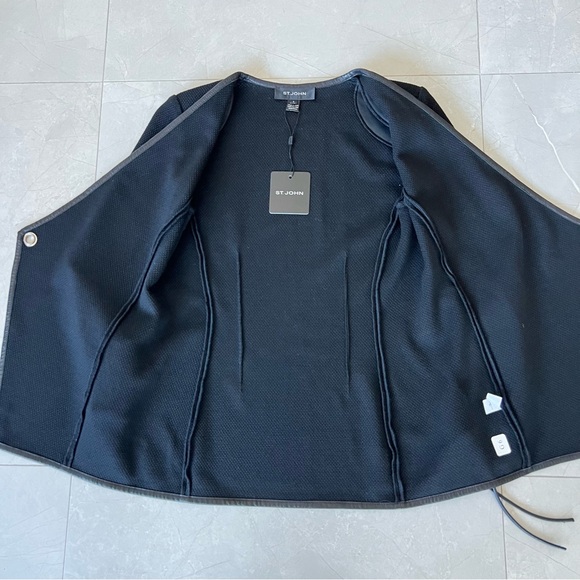 ST. JOHN Black Wool Blend Leather Trim Waist Tie Long Sleeve Jacket Blazer Sz 2 - Picture 11 of 16